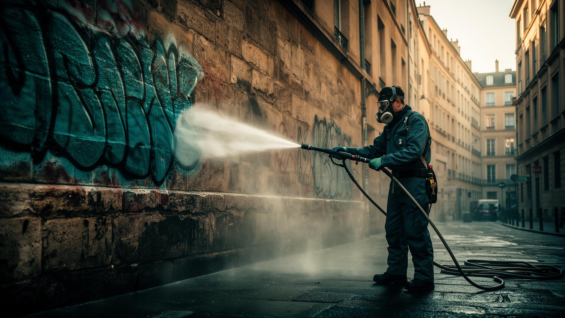 Opérateur AspectrA nettoyant un graffiti à Lyon